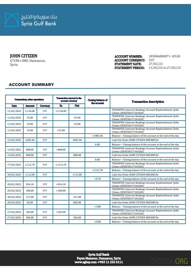 Modèle de justificatif de domicile de la Syrie Gulf Bank au format Word et PDF, au format .doc et .pdf